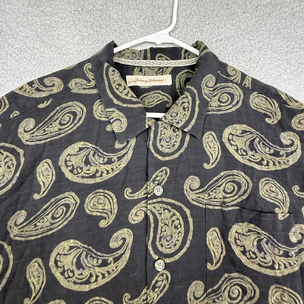 Tommy Bahama Mens XL TGT‎ Black Gold Paisley Silk Short Sleeve Button Up Shirt